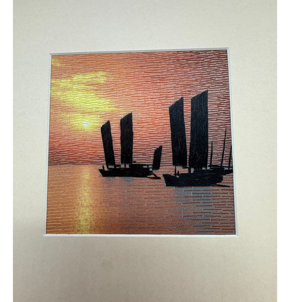 Beautiful Vintage Asian Silk Embroidery‎ Art Set of 2 Sunset Trees Boat Village